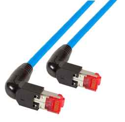 Netzwerkkabel Patchkabel LanDSL Kabel RJ45 Cat6A halogenfrei, Kabel Draka UC900 blau 2 x Stecker Hirose TM21 in 90° Ausführung