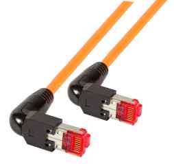 Netzwerkkabel Patchkabel LanDSL Kabel RJ45 Cat6A halogenfrei, Kabel Draka UC900 orange 2 x Stecker Hirose TM21 in 90° Ausführung