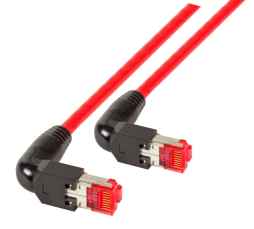 Netzwerkkabel Patchkabel LanDSL Kabel RJ45 Cat6A halogenfrei, Kabel Draka UC900 rot 2 x Stecker Hirose TM21 in 90° Ausführung